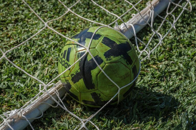 Bright green soccer ball stuck in a net on a grassy field in sunlight.